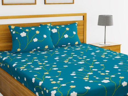 BIANCA Blue & Green Floral Printed 152 TC Cotton 110 GSM Micro-Peached King Bedsheet With 2 Pillow Cover Online now