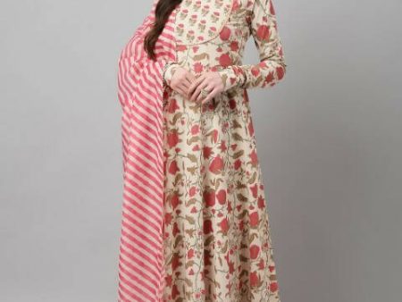 FIORRA Women s Beige Pure Cotton Flared Kurta Pant With Dupatta Online Sale