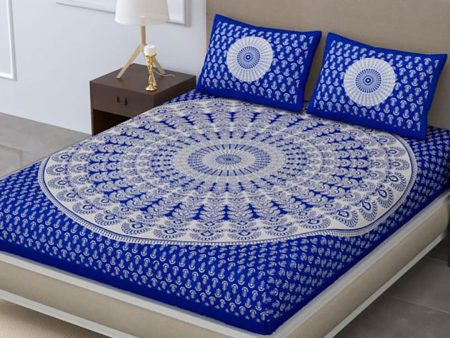 HOMETALES Blue & White Ethnic Motifs Cotton 104 TC King Bedsheet with 2 Pillow Covers Supply