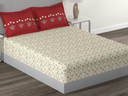 MYTRIDENT Beige Green Floral Cotton 144 TC Queen Bedsheet With 2 Pillow Covers Online Sale