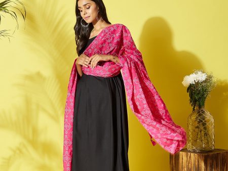 InWeave Women s Black Strappy Kurta Palazzo Set With Pink Bandhini Dupatta For Discount