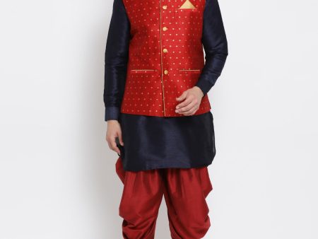 VM by Vastramay Men s Deep Blue Silk Blend Jacket, Kurta And Dhoti Set Discount