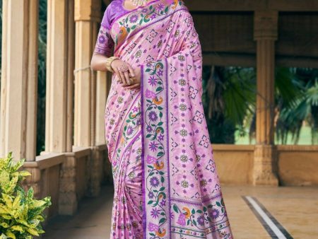 Aastha Fashion Baby Pink Woven Patola Silk Saree with Blouse Online