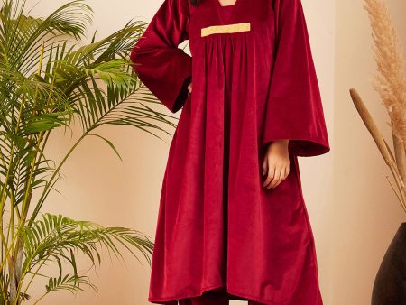 InWeave Women s Barn Red V Neck Asymmetrical Pleated Velvet Kurta Set Hot on Sale