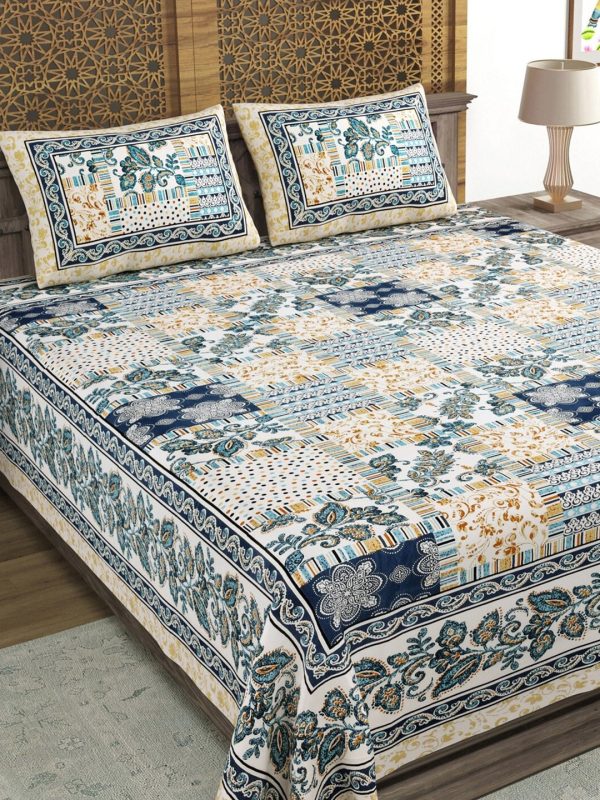 Sangria Blue & Brown Printed Cotton 210TC Double King Bedsheet With 2 Pillow Covers Fashion