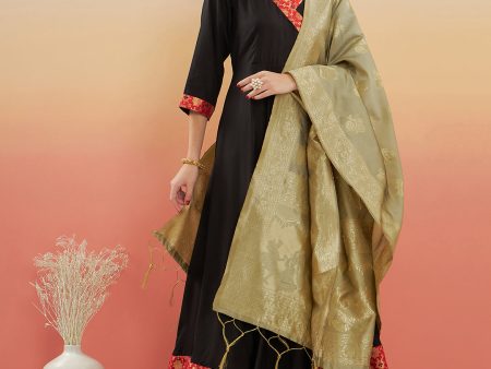 InWeave Women s Black Red Border Anarkali W Golden Wedding Brocade Dupatta Online