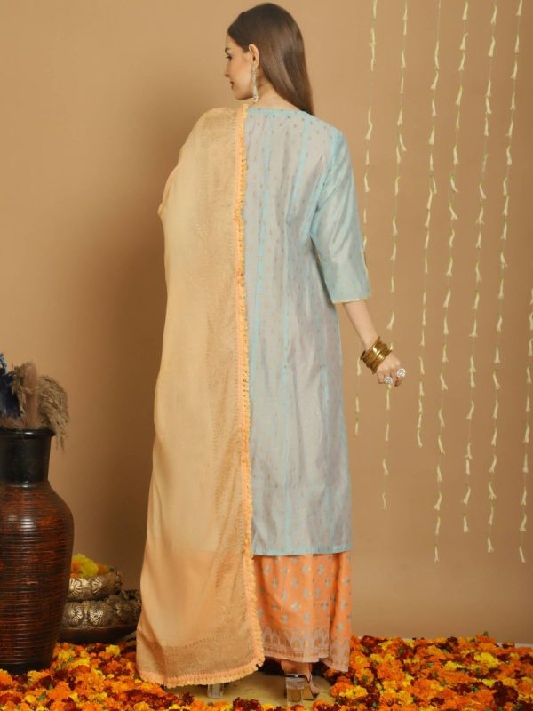 Aastha Fashion Women s Turquoise Chanderi Silk Elegant Jardoshi Kurta with Trouser & Dupatta on Sale