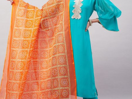 InWeave Women s Aqua Organza Sleeve Kurta Set With Orange Kota Dupatta Online Sale