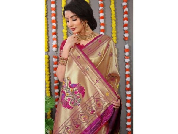 Aastha Fashion Women s Wine Paithani Silk Zari Woven Saree with Blouse on Sale