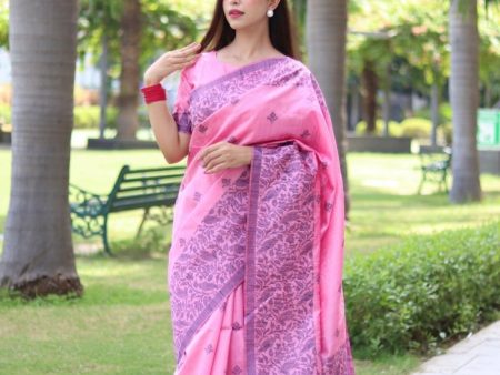 Aastha Fashion Baby Pink Woven Handloom Raw Silk Saree with Blouse Online