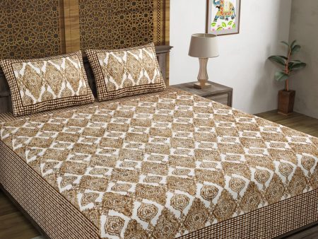 Sangria Brown & White Printed Cotton 210TC Double King Bedsheet With 2 Pillow Covers Sale