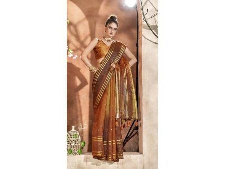 Aastha Fashion Women s Yellow Stripes with Sequence Organza Saree with Blouse on Sale