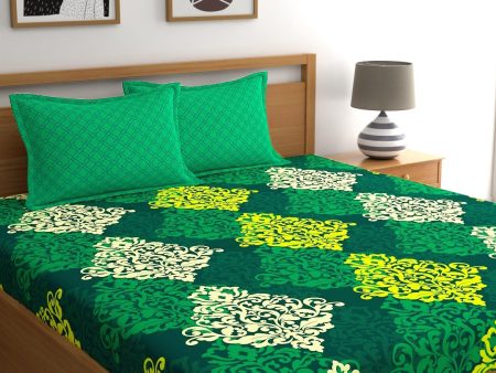 My Room Green & Yellow Ethnic Motifs 140 TC Super King Bedsheet with 2 Pillow Covers For Cheap