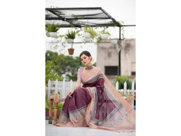 Aastha Fashion Women s Wine Tussar Silk Digital Printed Saree with Blouse Online Sale