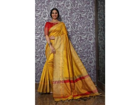 Aastha Fashion Women s Yellow Raw Silk Temple Zari Woven Saree with Blouse For Cheap