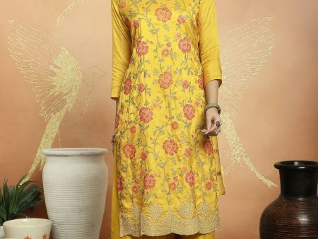 Aastha Fashion Women s Yellow Upada Silk Floral Resham Thread Kurta with Trouser & Dupatta For Cheap