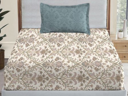 MYTRIDENT Dusk and Dawn Beige Ethnic Motifs Cotton 144 TC Single Bedsheet 1 Pillow Cover For Sale