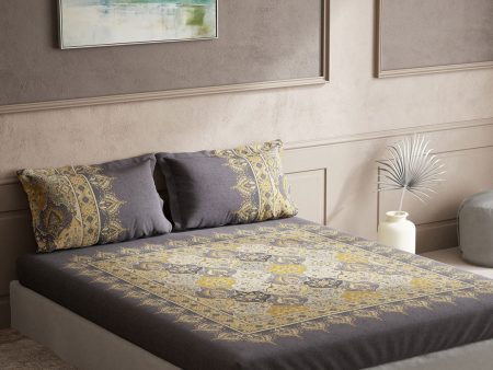 DDecor Grey & Yellow Ethnic Motifs Cotton 140 TC King Bedsheet With 2 Pillow Covers Fashion