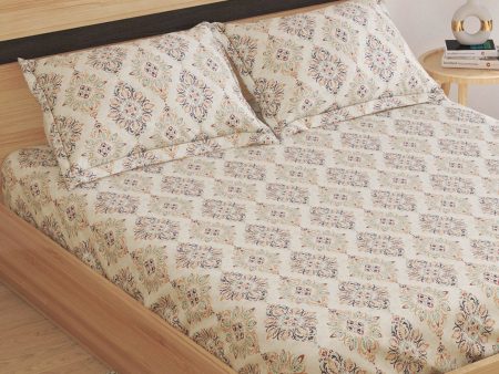 Home Centre Beige & Navy Blue Ethnic Motifs Cotton 150 TC King Bedsheet & 2 Pillow Covers For Sale