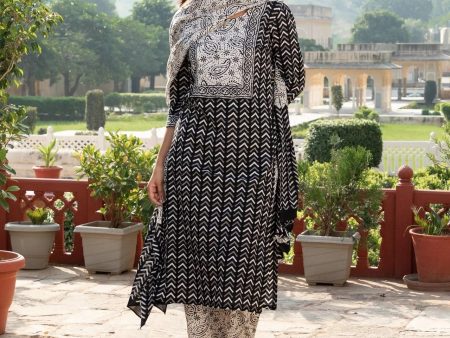 Indian Clothing Malishka Womens Black Cotton Printed Kurta and Pant Set with Dupatta - Black Fashion