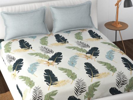 Florida Reeva Off White & Green Floral 180 TC Fitted King Bedsheet With 2 Pillow Covers For Sale