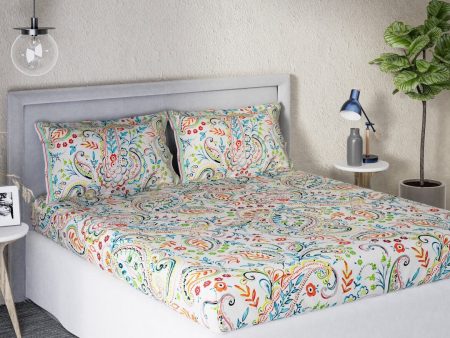 DDecor White & Turquoise Blue Motifs 140 TC Cotton Queen Bedsheet with 2 Pillow Covers For Discount