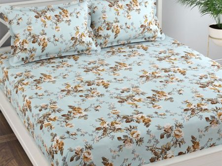 Florida Blue & White Floral 120 TC King Bedsheet with 2 Pillow Covers Sale