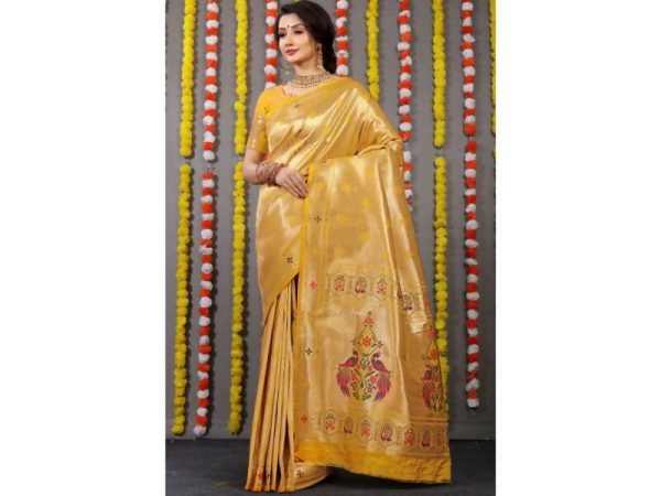 Aastha Fashion Women s Yellow Paithani Silk Zari Woven Saree with Blouse on Sale