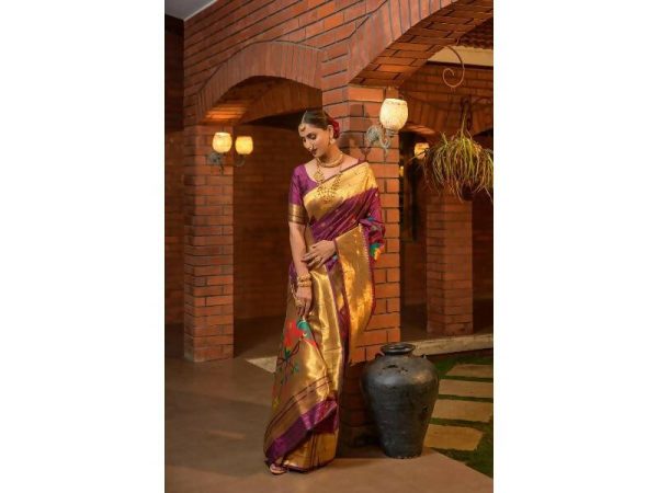 Aastha Fashion Women s Wine Paithani Silk Zari Woven Saree with Blouse Hot on Sale