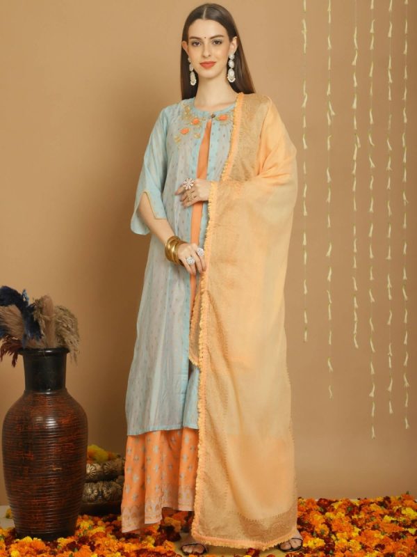 Aastha Fashion Women s Turquoise Chanderi Silk Elegant Jardoshi Kurta with Trouser & Dupatta on Sale