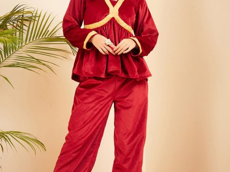 InWeave Women s Barn Red Mughal Shaan Style Velvet Short Kurta Set Sale