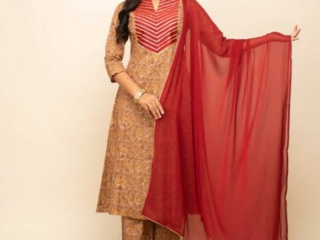 FIORRA Women s Brown Cotton A-Line Kurta Pant With Dupatta Hot on Sale