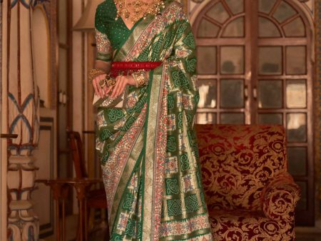 Dark Green P V Silk Digital Print, Zari Work Printed Saree - Rewaa Parampara For Discount