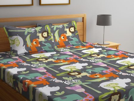 KLOTTHE Grey & Orange Cartoon Character Printed 300 TC King Bedsheet With 2 Pillow covers Supply