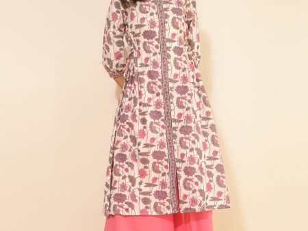 Janasya Beige Cotton Floral Printed Casual Kurta Supply