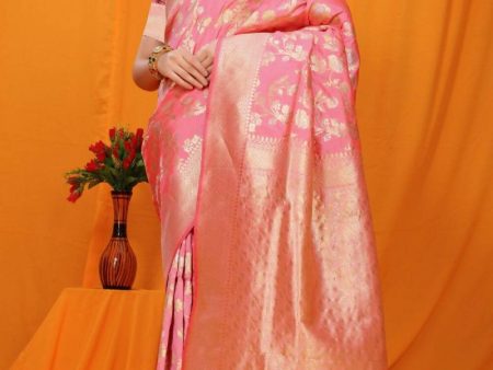 Aastha Fashion Baby Pink Woven Banarasi Silk Saree with Blouse Sale