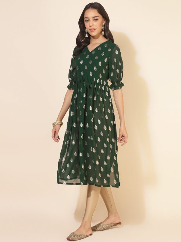 Janasya Bottle Green Georgette Foil Printed Festive Kurta Sale