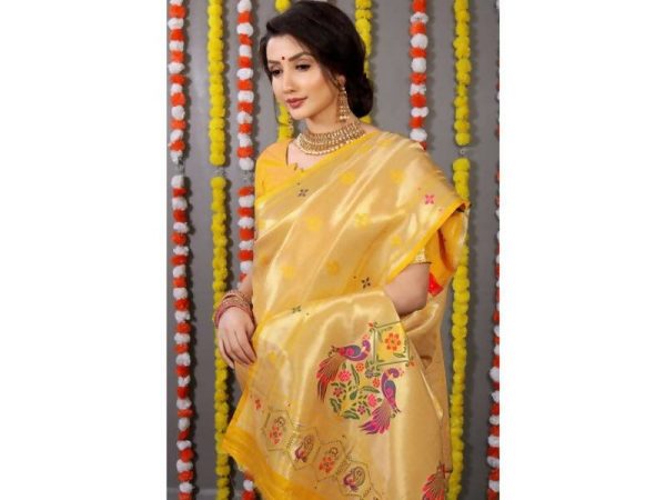 Aastha Fashion Women s Yellow Paithani Silk Zari Woven Saree with Blouse on Sale