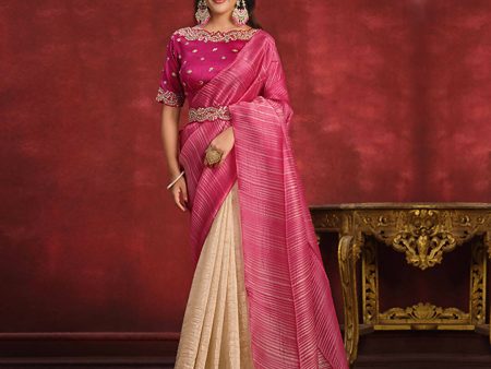 Pink & Beige Banarasi Crush Silk Sequence Thread & Stone Work  Texture Pallu Saree - Mohmanthan Kimiya For Discount