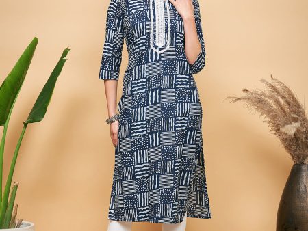 InWeave Women s Ankola Indigo With Tiles Hand Block Print Lace Straight Kurta Fashion