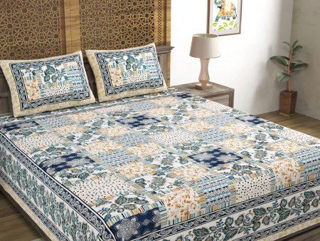 Sangria Blue & Brown Printed Cotton 210TC Double King Bedsheet With 2 Pillow Covers Fashion