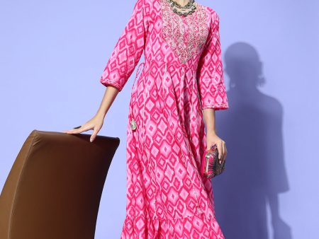 InWeave Women s Abstract Pink Print Long Dress With Work Online now