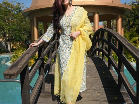 Indian Clothing Malishka Women s Yellow Cotton Floral Printed Kurta Pant Set With Dupatta - White & Yellow For Cheap