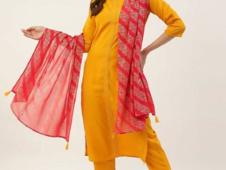 FIORRA Women s Yellow Poly Crepe Straight Kurta Pant With Dupatta on Sale