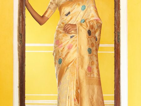 Janasya Cream Banarasi Silk Woven Floral Design Banarasi Saree Online