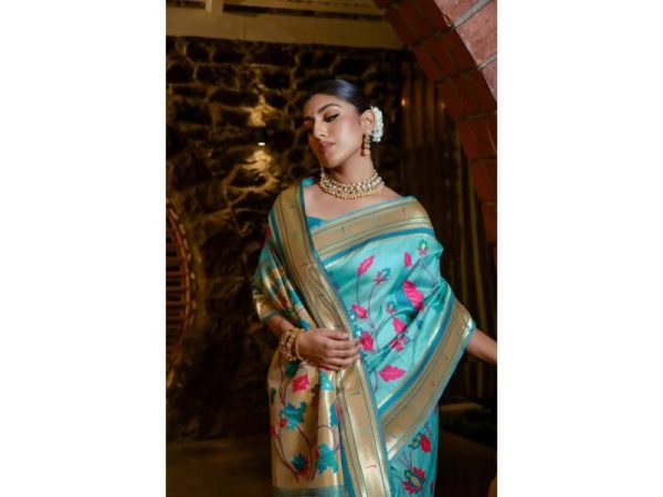 Aastha Fashion Women s Teal Banarasi Silk Meenakari Zari Woven Saree with Blouse Cheap