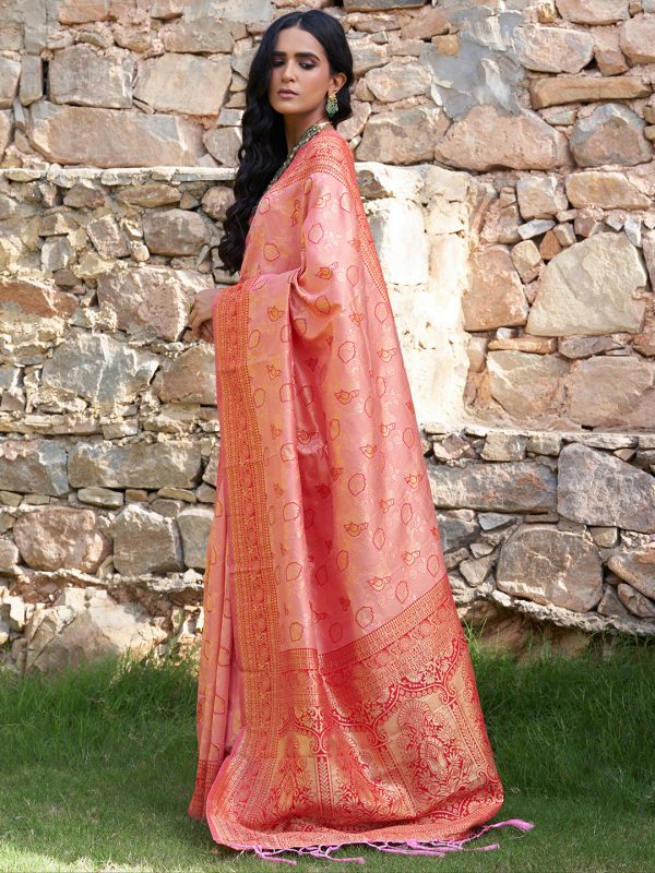 Janasya Peach Banarasi Silk Woven Dual Tone Floral Design Banarasi Silk Saree Discount