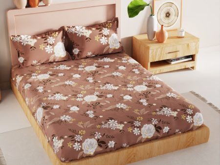 BIANCA Brown & White Floral 186 TC King Bedsheet with 2 Pillow Covers Online now