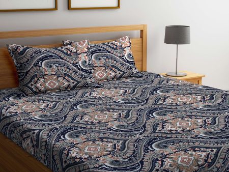 KLOTTHE Blue & Brown Ethnic Motif Printed 300 TC Fitted King Bedsheet With 2 Pillow Covers Hot on Sale