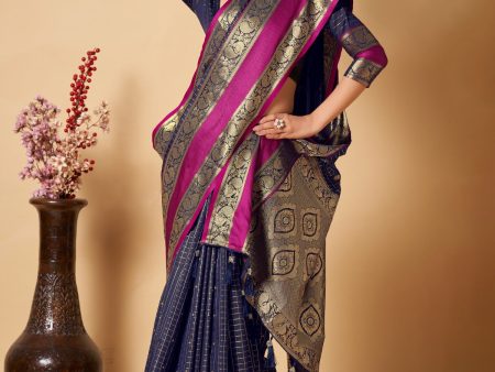 NOZ2TOZ Women Party Wear Banarasi Silk Saree with Un Stitched Blouse - Navy Blue Hot on Sale